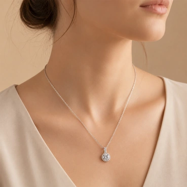Silver Round Halo Pendant Necklace